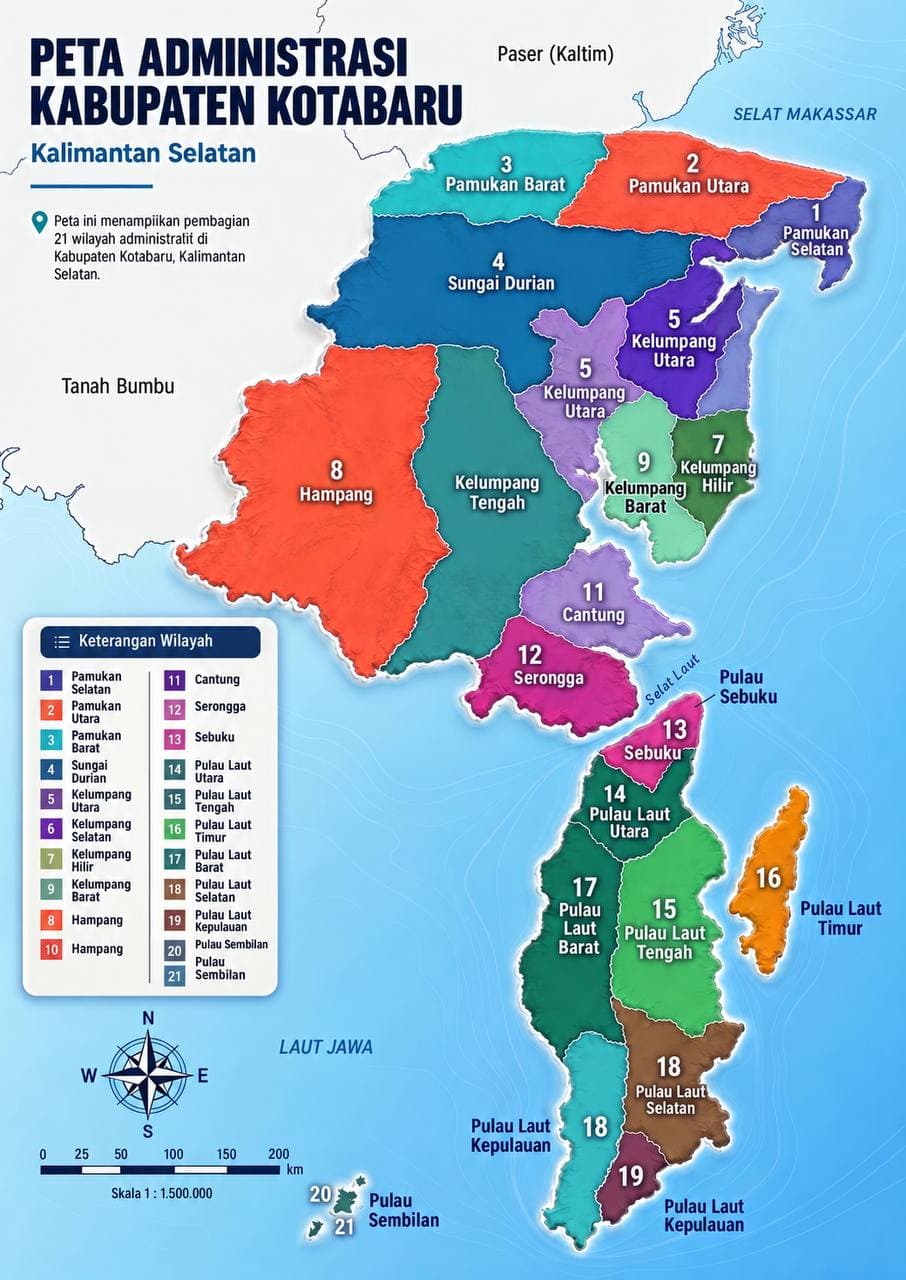 Peta administrasi Kabupaten Kotabaru, Kalimantan Selatan — wilayah tersebar antara daratan Kalimantan, Pulau Laut, dan gugusan pulau di Selat Makassar